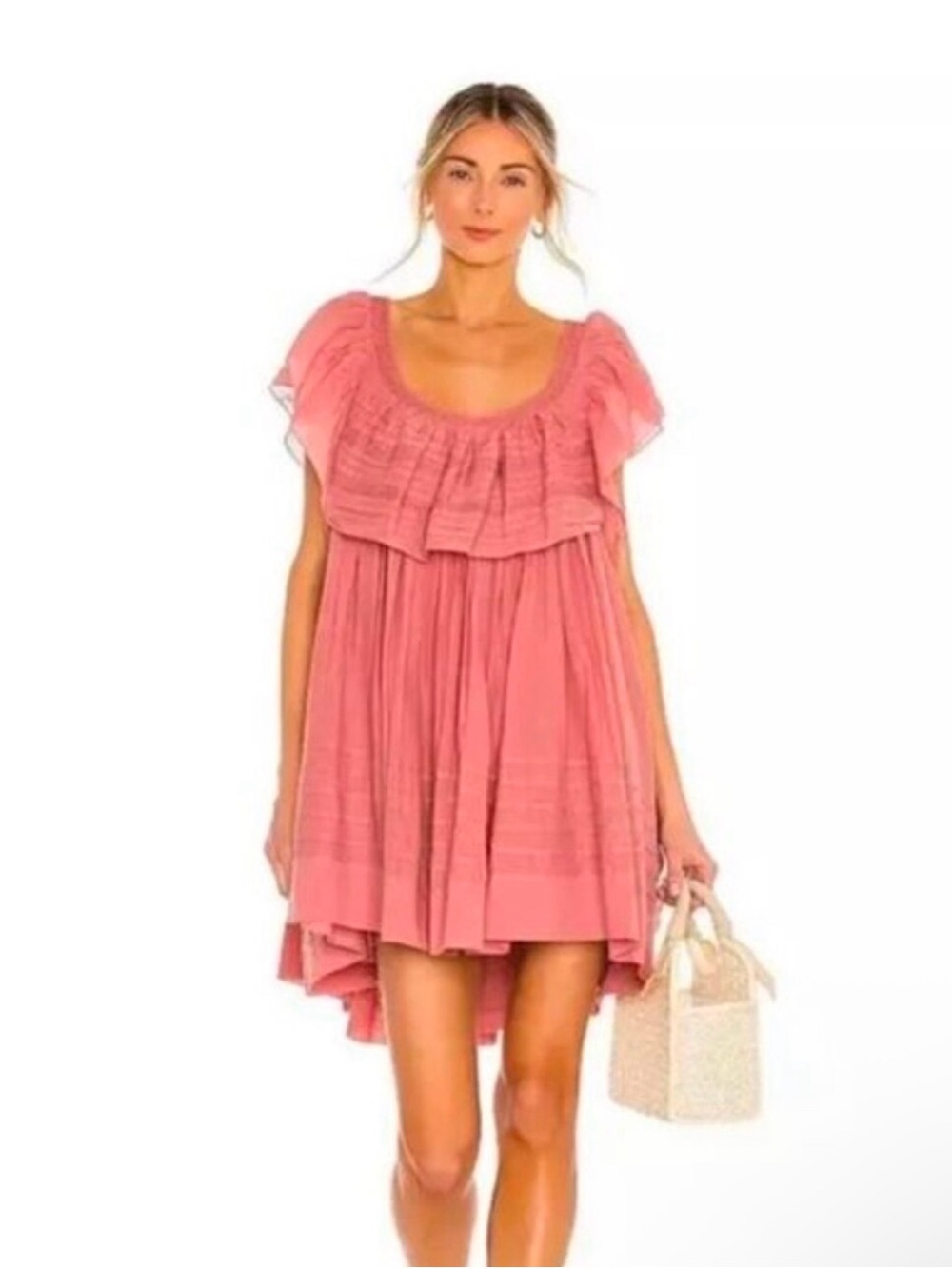 Free People Hailey Ruffle Babydoll Boho Mini Dress - Dusty Rose EUC $148